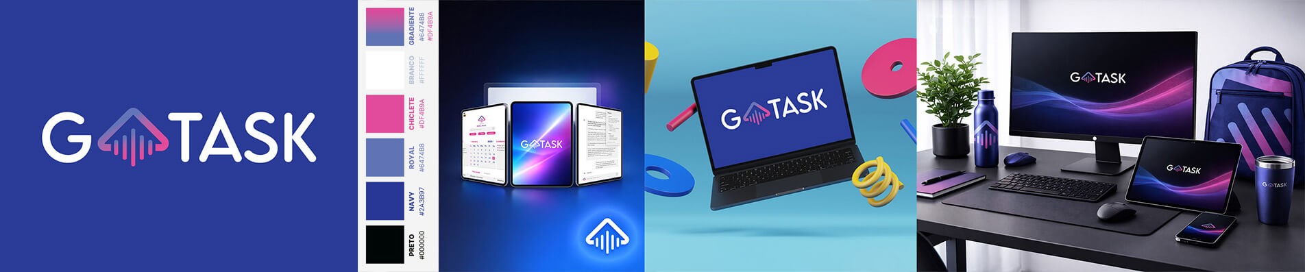 a picture showing the branding of GoTask a AI Virtual Assistant. The branding consists in the color pink and blue.